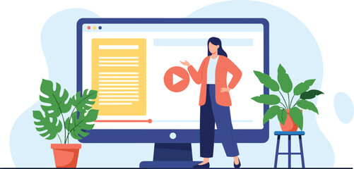 Woman presenting digital content on large computer screen, modern workspace, online learning, video interface, technology education, creative design concept