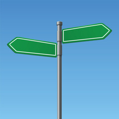 Vector Blank Road Sign Post with Two Empty Directional Arrows. Street Signage Template. Empty Guidepost for Navigation. Direction Board for Text, Message, Vector Illustration