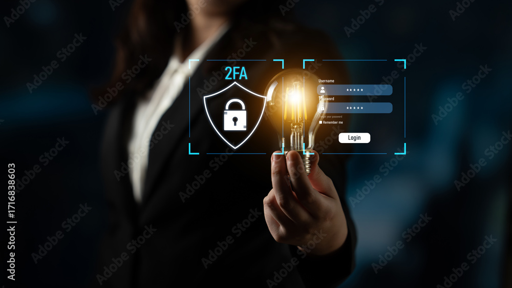 Poster two-factor authentication strengthens login system security. adds protection, two-factor authenticat