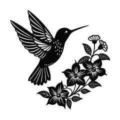 Hummingbird hovering near a small cluster of flowers