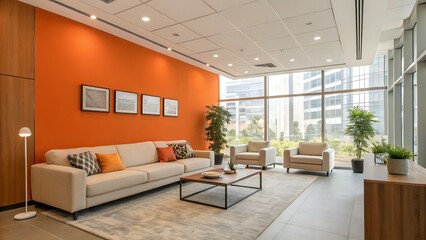 Bright waiting area with orange wall and modern furniture and plants