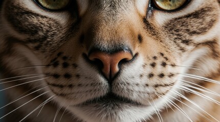 close-up of a cat&rsquo;s nose and whiskers, fine hairs and warm natural tones in soft light