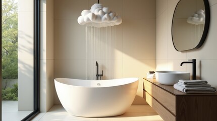 Modern minimalist bathroom with cloud-shaped rain shower, beige tiles, large black-framed window and wood vanity, soft natural light for spa-like serenity