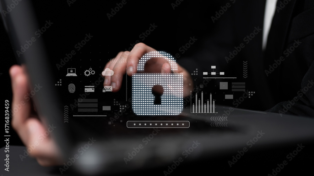 Poster cybersecurity protection system showing password encryption, fingerprint id, cloud security, email, 
