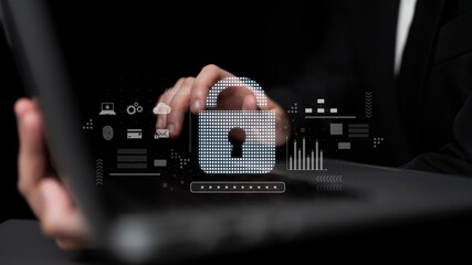 Cybersecurity protection system showing password encryption, fingerprint ID, cloud security, email,...