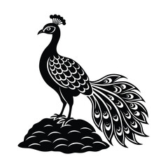 Majestic peacock standing on rock with flowing tail