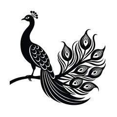 Peacock perched on a curved branch with flowing tail