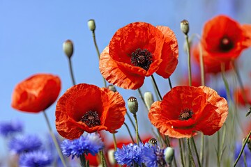 Obraz premium Vibrant red poppies and blue flowers in a summer meadow.