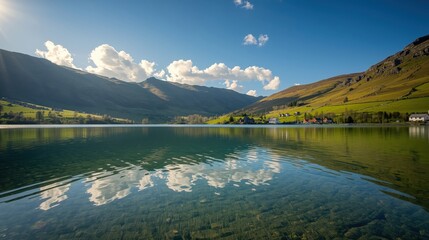 A serene lake reflecting a picturesque mountain range and a hillside village under a vibrant blue sky.