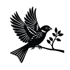Sparrow in flight with wings spread near a branch