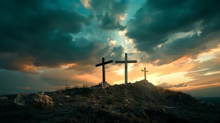 Obraz premium A cinematic depiction of Golgotha hill, three crosses in a spectacular sky, epic clouds, a picturesque scene of 1st century Palestine in movie-style, and dramatic photography.