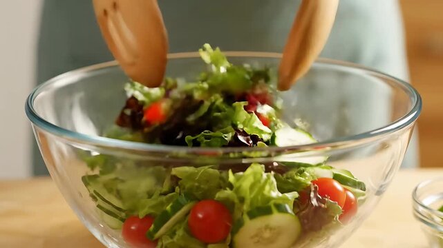 Vibrant salad being tossed with wooden servers in a glass bowl
