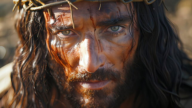 Close-up cinematic portrait of Jesus Christ on the cross, 33 years old, long wavy dark hair, hazel-green eyes half-closed, Mediterranean warm skin, serene expression despite suffering
