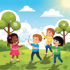 Four diverse children playing and blowing bubbles in a sunny park with green trees and a clear blue sky.
