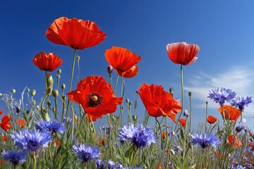 Obraz premium Vibrant poppies and wildflowers against a clear blue sky.