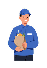 Smiling Food Delivery Man Holding Hot Meal Bag