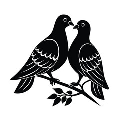 Two doves perched together one pecking at a twig