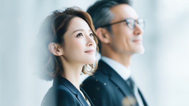 笑顔で上を向く若い女性社員と男性上司。企業成長とキャリアの未来への希望