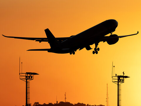 Avi&atilde;o Decolando no por do Sol