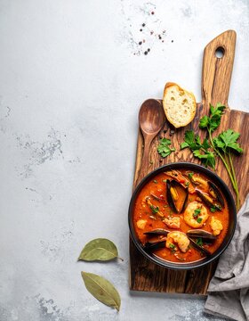 Rustikales Holzbrett mit einem Teller Bouillabaisse (Fischsuppe)