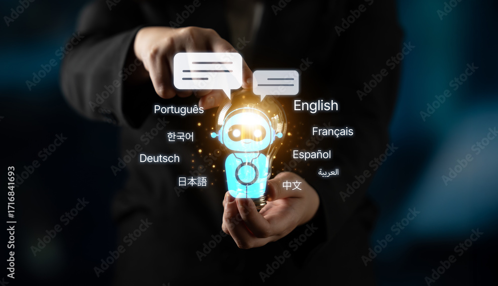 Poster global communication with multiple languages, digital translation tools, multilingual technology, cr