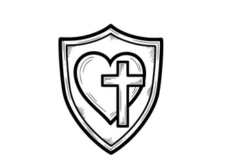 Obraz premium Shield with Heart and Christian Cross – Symbolizing Faith in Jesus Christ and the Love of God, Spiritual and Religious Vector Illustration