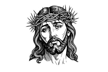 Obraz premium Jesus Christ Wearing Crown of Thorns – Symbol of Sacrifice and Divine Love, Christian Religious Vector Illustration