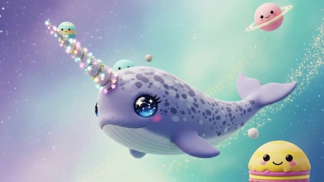 Cute Space Narwhal with Luminous Horn and Kawaii Planets in a Magical Universe
