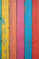 A vibrant display of weathered wooden planks, painted in a spectrum of bold, cheerful colors.