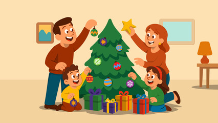 Family Decorates Christmas Tree Joyful Holiday Celebration