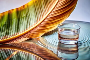 Close-up View of Banana Leaves With Ripple Glass on White Background Showing Nature's Beauty