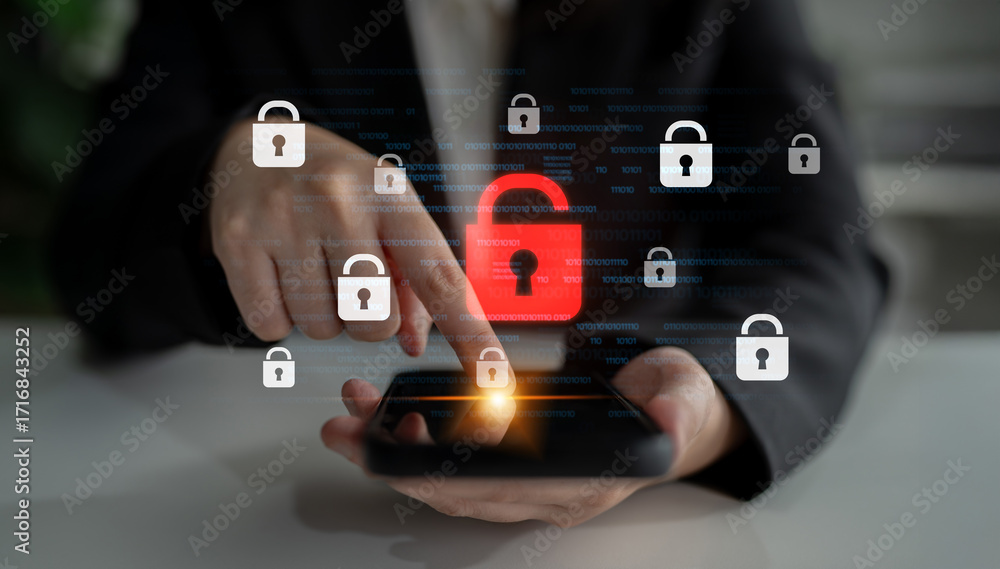 Poster digital security concept illustrating a cybersecurity breach, with a red unlocked padlock indicating