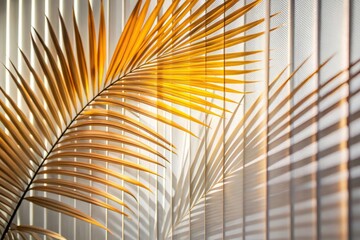 Green palm with reeded glass. Ribbed Background. Plant leaves. Sunny banner for minimal wood presentation. White Reeded Glass. Pure aesthetic behind frosted panel for modern beauty illustration.