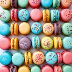 Colorful Macarons in Various Flavors and Toppings on Display