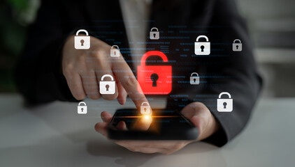 Digital security concept illustrating a cybersecurity breach, with a red unlocked padlock...