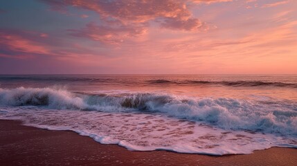 Fototapeta premium Ocean horizon with dreamy pink and orange skies, 