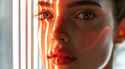 Abstract woman portrait with glass texture. Glitched and corrupted female face. Beautiful girl. Model hidden behind mirror pattern. Neon red and pink Reeded Glass. Ribbed Background.