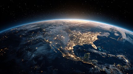 Obraz premium View of Earth from space at night, highlighting glowing cities and vast natural landscapes, creating a breathtaking cosmic perspective
