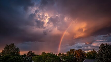 Rainbow-colored sky after rain, dreamy sunlight peeking through