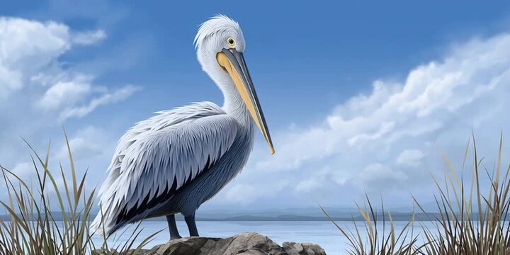 Anime style pelican - cartoon bird near the shore