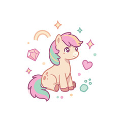 Cute cartoon baby unicorn with rainbow mane and tail surrounded by sparkles and gems.