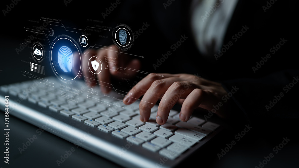 Poster biometric identity system using fingerprint and facial recognition to secure cloud access, protect s