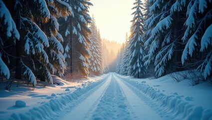 A sun-drenched winter wonderland trail winds through a snow-covered forest, bathed in the golden hues of dawn.