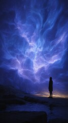 Fototapeta premium A lone figure stands in awe before a vast, luminous nebula of swirling blue and purple light.