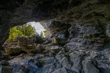 Cave entrance on Flowerpot Island in Ontario's Bruce Peninsula, showcasing rugged rock formations amidst lush greenery.