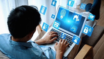 Home security icons show smart home, surveillance, and safety devices. Home security ensures...