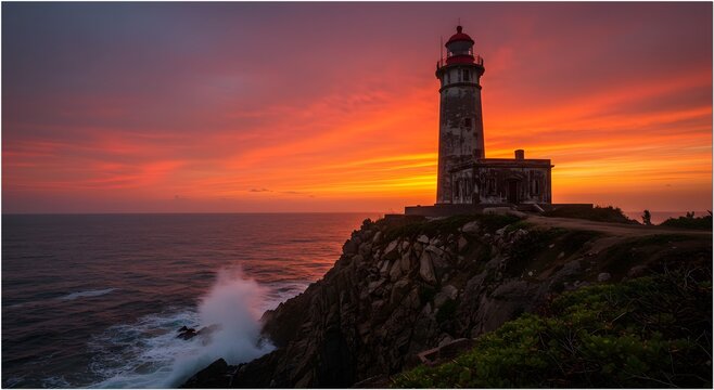 Historic Lighthouse at Dramatic Sunset on Coastal Cliffs Pulo Aceh