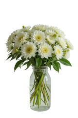 Fototapeta premium A lush bouquet of white flowers in a clear glass vase, brightening any space with its natural beauty.