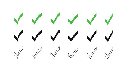 A versatile vector icon set of hand-drawn check marks in three styles. Perfect for checklists, UI design, and approval symbols