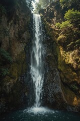 A majestic waterfall cascades dramatically down a rocky cliff face, surrounded by lush greenery.